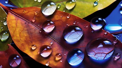 A macro shot of water droplets on colorful autumn leaves (Generative AI)