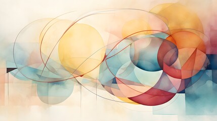 An abstract watercolor composition that merges geometric shapes with soft, blended colors, creating a harmonious balance between structure and fluidity. (Generative AI)