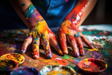 Fototapeta premium Close up of a kids hands coloring working on a DIY craft, Generative ai