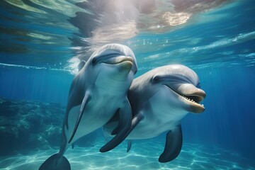 Couple dolphins swimming underwater shot, Generative ai