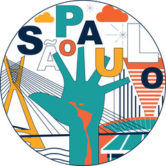 Typography word "Sao Paulo" branding technology concept. Collection of flat vector web icons, culture travel set, famous architectures and specialties detailed silhouette. Brazilian famous landmark.