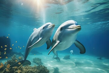 Couple dolphins swimming underwater shot, Generative ai