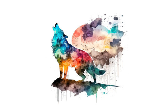 Wolf howling at the moon painted with watercolors isolated on a white background. Generated by AI