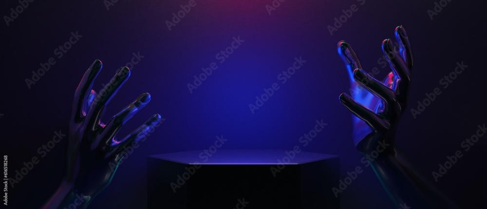 Wall mural 3d illustration rendering of technology futuristic cyberpunk display, gaming scifi stage pedestal background, gamer banner sign of neon glow stand podium for product