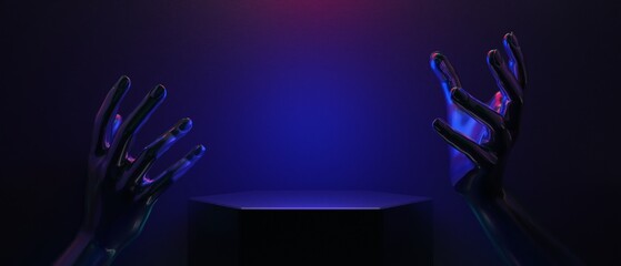 3d illustration rendering of technology futuristic cyberpunk display, gaming scifi stage pedestal background, gamer banner sign of neon glow stand podium for product © issaronow
