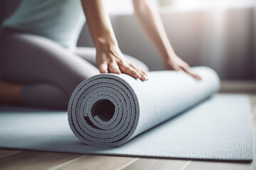 Young woman rolling yoga mat at home, close up - obrazy, fototapety, plakaty