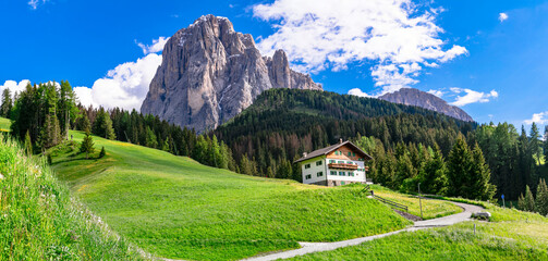 panorama of scenic  Val Gardena village ski resort with traditional houses in south Tyrol,...