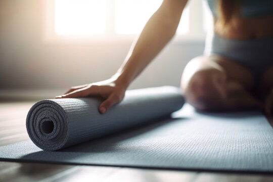 Young woman rolling yoga mat at home, close up