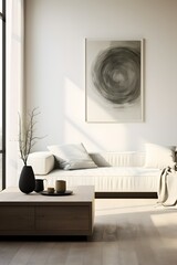 Modern living room with functional interior. Light shining trough window. Generative AI.