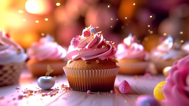 cupcake with candles HD 8K wallpaper Stock Photographic Image