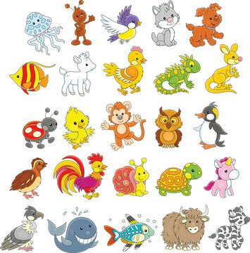 Set of funny cartoon toy Kawaii animals, vector illustrations isolated on a white background