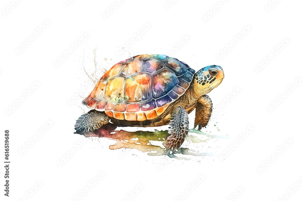 Poster turtle drawn with colored watercolors isolated on a white background. generated by ai.