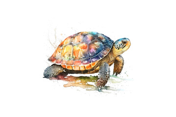 Fototapeta na wymiar turtle drawn with colored watercolors isolated on a white background. Generated by AI.