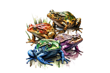 frogs drawn with colored watercolors isolated on a white background. Generated by AI.