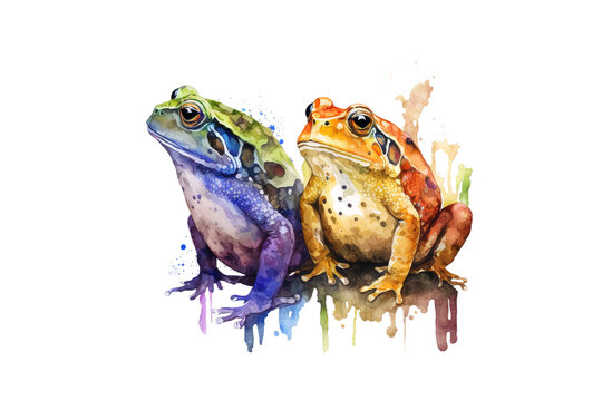 frogs drawn with colored watercolors isolated on a white background. Generated by AI.