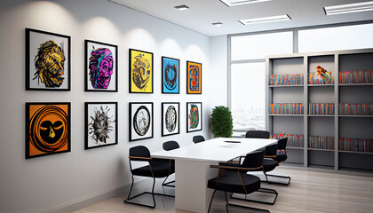 A 3D mockup of canvas frames adorning the walls of a modern office, meeting room interior, or show, Created with AI Tool