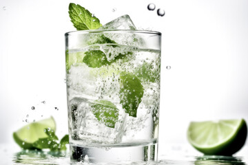 Fresh mojito cocktail with lime and mint in a glass on white background