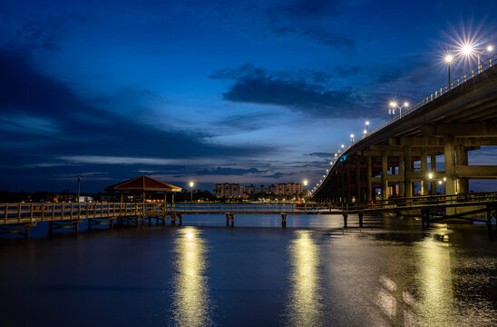 Granada Bridge view from the Halifax River walk path NIGHT photography at sunrise