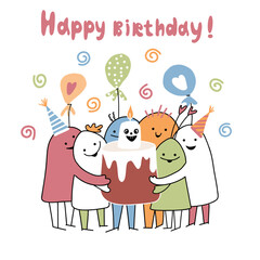 Happy Monsters who bring a cake with a funny monster candle on it. Cartoon illustration for birthday, greeting with lettering Happy birthday. Event celebration concept vector sublimation.