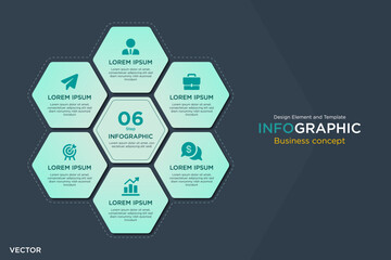 infographic business concept. Honeycomb Text Box 6 step Design Element and Template on Background Navy Dark Mode. In Vector