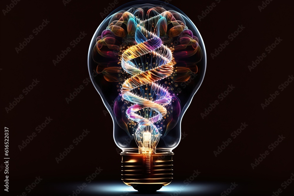 Poster light bulb with dna helix on black background