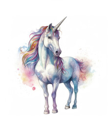 Obraz na płótnie Canvas Unicorn with rainbow hair isolated on white background. Generative AI.