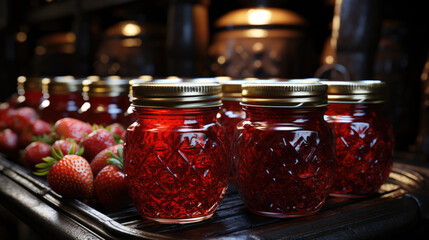 Fototapeta na wymiar Strawberry jam in glass jars on wooden table, closeup. Generative AI. 