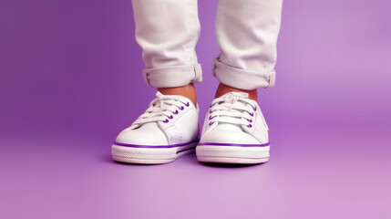 Children's legs in white sneakers on a purple background. Close-up. Generative AI.