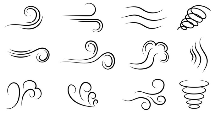 Wind outline icon set. Blowing wind outline icons. Vector illustration isolated on white background