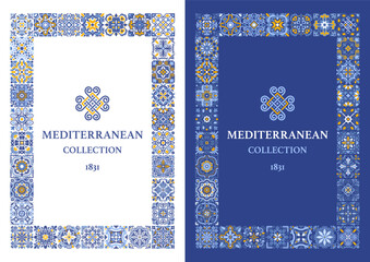 Frame template with azulejo mosaic tile pattern, blue, white, yellow colors, floral motifs, rectangular. Mediterranean, Portuguese, Spanish traditional vintage style. Vector illustration - obrazy, fototapety, plakaty