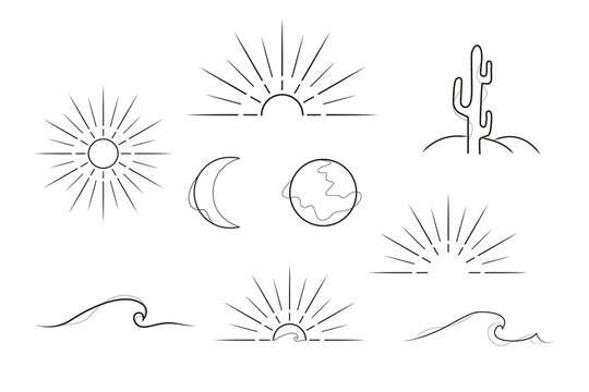 earth elements sun globe hills cactus sea line art design elements illustration, line art elements vector design