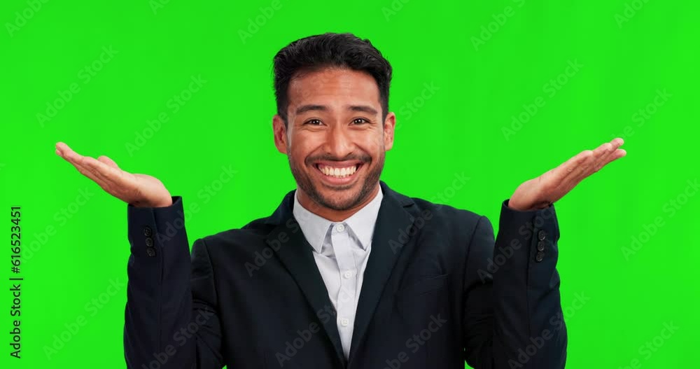 Poster pointing, face and a businessman on a green screen with a decision, choice or option for work. happy