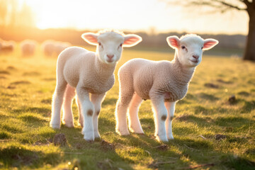 Fototapeta premium Two young lamb sheep on spring meadow looking curious into camera, nice warm afternoon sunlight haze. Generative AI