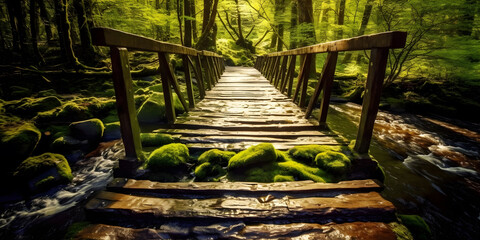 Crossing a Rustic Bridge, A narrow wooden bridge stretches across a crystal-clear river, nestled within a vibrant forest.