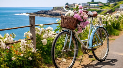 A charming bicycle ride along a scenic coastal path, with the azure ocean stretching out on one side and vibrant, blooming flowers adorning the other