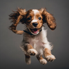 Fototapeta premium Spaniel little puppy happy jumping at studio, AI generative