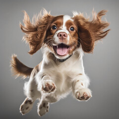 Spaniel little puppy happy jumping at studio, AI generative