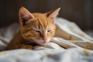 Cute ginger kitten sleeps sweetly at home on sofa wrapped in a blanket, AI generative