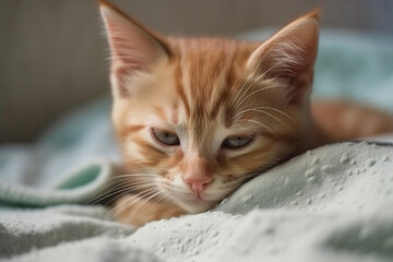 Obraz na płótnie Canvas Cute ginger kitten sleeps sweetly at home on sofa wrapped in a plaid, AI generative