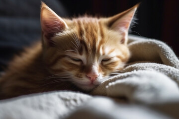 Obraz na płótnie Canvas Cute ginger kitten sleeps sweetly at home on sofa wrapped in a blanket, AI generative