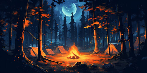 Campfire flickering in the night, casting dancing shadows on the surrounding trees. The flames are vibrant and warm