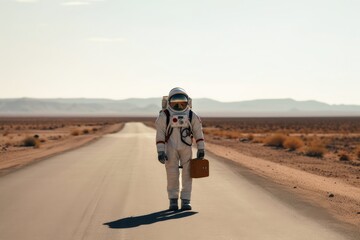 A hitchhiking astronaut on a lonely road created with generative AI technology.