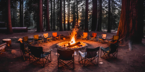 A cozy campfire nestled amidst tall pine trees, surrounded by a circle of camping chairs. - obrazy, fototapety, plakaty