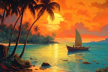 Boat on the sea. Beautiful sunset in a tropical beach. Vintage style generated by AI
