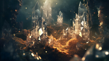 Fototapeta premium Crystal Growth, Intricate crystals forming on a metallic surface, A dimly lit cavern, Mystical and mysterious ambiance