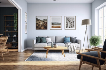 View inside large modern luxury attic loft apartment living room interior with comfortable sofa, plants, wooden furniture, Abstract painting on white wall Created with Generative AI Tools