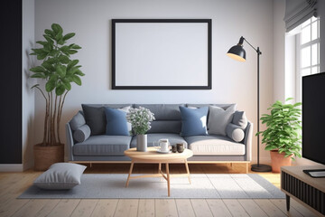 View inside large modern luxury attic loft apartment living room interior with comfortable sofa, plants, wooden furniture, Abstract painting on white wall Created with Generative AI Tools