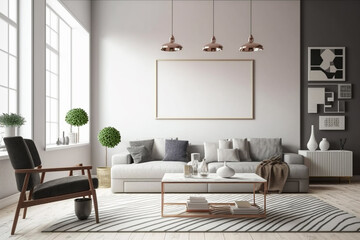 View inside large modern luxury attic loft apartment living room interior with comfortable sofa, plants, wooden furniture, Abstract painting on white wall Created with Generative AI Tools