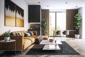 View inside large modern luxury attic loft apartment living room interior with comfortable sofa, plants, wooden furniture, Abstract painting on white wall Created with Generative AI Tools