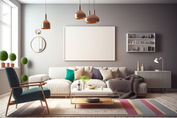 View inside large modern luxury attic loft apartment living room interior with comfortable sofa, plants, wooden furniture, Abstract painting on white wall Created with Generative AI Tools